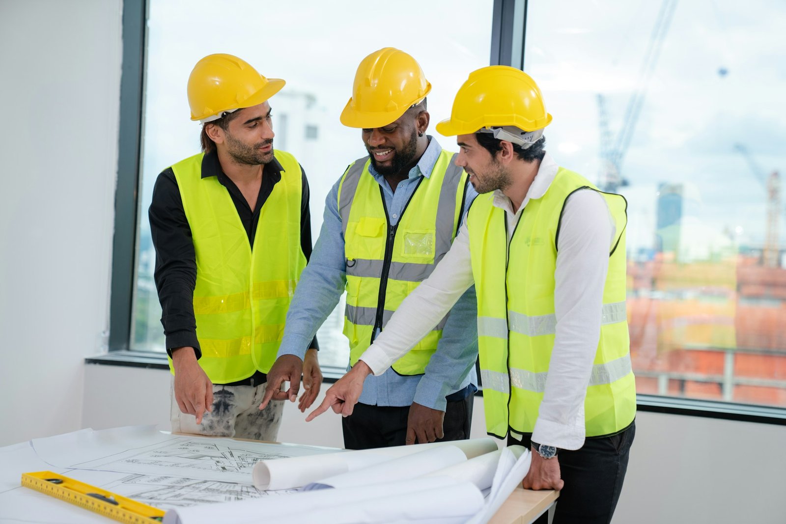 Architector and engineers with draft plan of building on constructing site.